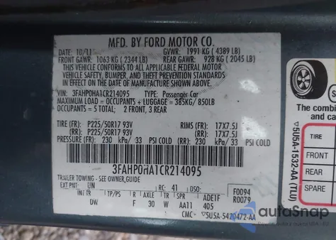 2012 Ford Fusion Se из США, поврежденный, VIN 3FAHP0HA1CR214095